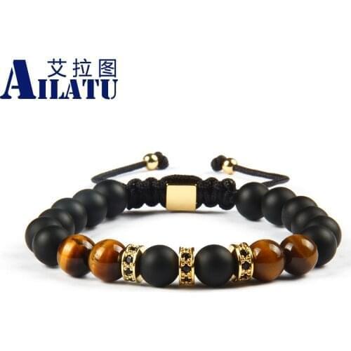 Drop Shipping Micro Pave Black CZ Spacer Beads Fashion Jewelry Natural Tiger Eye Stone Macrame Bracelet Logo Engrave