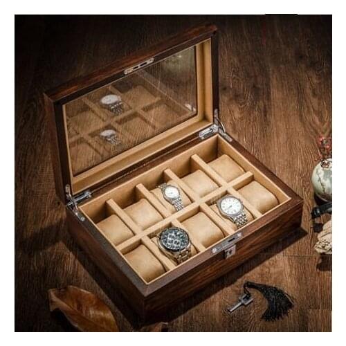 Luxury 10-solt Old Elm Pure Solid Wood Skylight With glass Watch Box Mechanical watch display Jewelry storage box MSBH007
