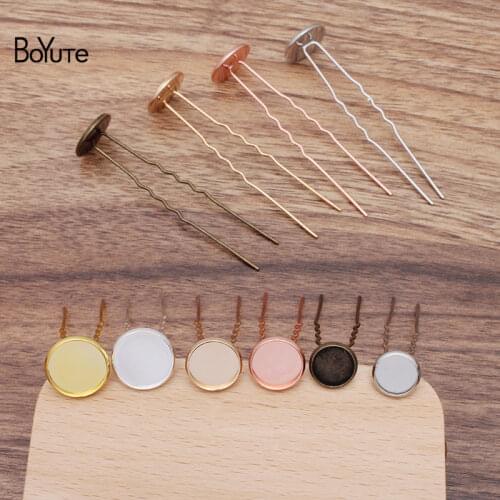 BoYuTe 50Pcs 65*1MM Vintage Hair Sticks with 10MM 12MM 14MM Round Cabochon Tray Base 6 Colors Plated Hair Jewelry