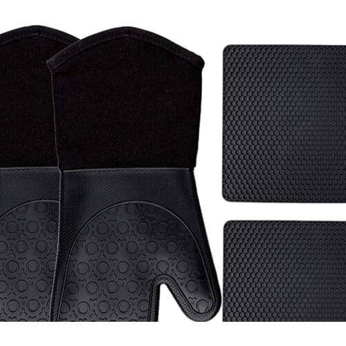 Silicone Oven Mitt 4 Piece Set Includes 2 Heat Resistant Flexible Kitchen Cooking Mitts and Trivet Mats for Barbecue, Cooking