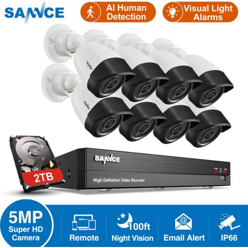 SANNCE Home Security System 8CH 5MP-N DVR 8PCS 5M Night Vision Outdoor Surveillance Waterproof Camera Kits AI Human Detection