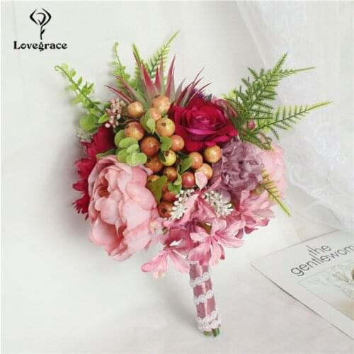 Lovegrace Bridal Wedding Bouquet Bridesmaid Bunch of Flowers Wedding Supplies Artificial Silk Rose Dahlia Champagne Party Decor