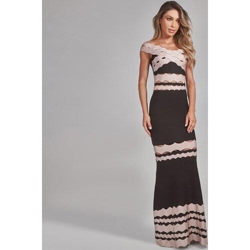 Amazing Jacquard Slash Neck Bandage Fishtail Dress Off Shoulder Cut Out Short Sleeve Colorblock Bodycon Maxi Party Mermaid Dress