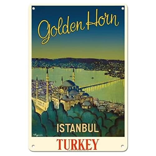 Istanbul, Turkey - Golden Horn Waterway - Mystique Süleymaniye Mosque by N. Ergüver c.1950 Metal Tin Sign
