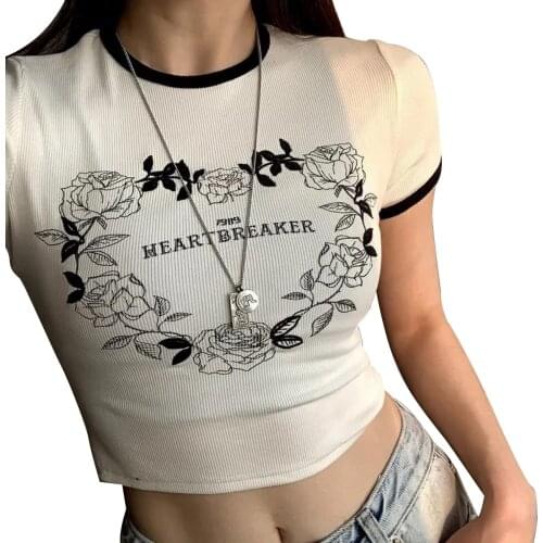 2021 New Women Summer Crop Tops Adults Flower & Letter Print Short Sleeve Round Neck T-shirt