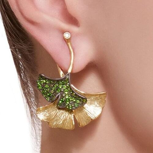 2019 Boho Gold Color Earrings Green Crystal Ginkgo Biloba Double Leaves Drop Earrings for Women Fashion Fine Jewelry