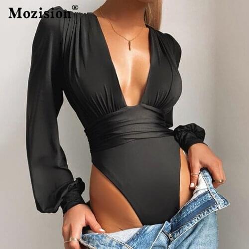 Mozision Black Deep V Neck Bodysuit Women Sexy Puff Sleeve Bodycon Jumpsuit Solid Elastic Casual Party Summer Bodysuits Body Top