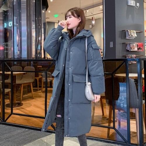 Women Oversize Thick Warm Cotton Zipper Solid Color High Waist Long Sleeve Jacket with Pocket New Long Hooded Winter Down Coat