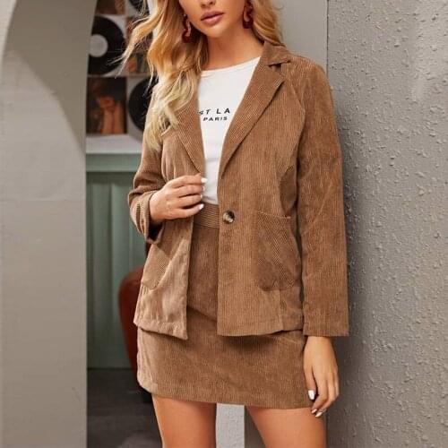 Khaki Womens Skirt Shorts Sets Turn-Down Collar Pockets High Waist Mini Two Piece Set Women Skirt 2021 Autumn Slim Casual Suits