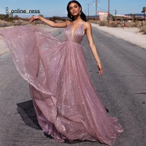 Sparkly Pink Prom Dress Sequined Long Prom Dresses Spaghetti Strap Backless Floor Length Formal Party Gowns Vestido-de-festa