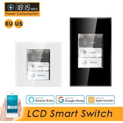 LCD Wifi Smart Wall Switch Work with Apple Homekit Alexa Google Home Assistant, Power Consumption for Smart Home US EU 110V 220V