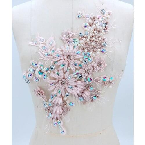 1Piece Lace Applique 3D Pearl Rhinestone Lace Fabric Flower Trims For Wedding Evening Dress Costume Sewing Trimmings DIY Craft