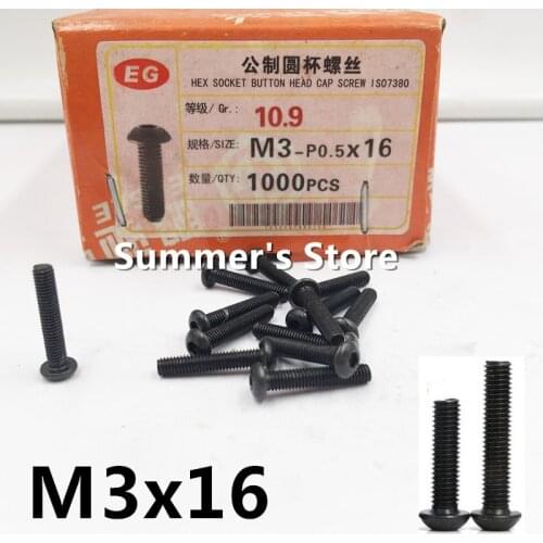 100pcs/lot ISO7380 M3 Alloy Steel Screw Hex Socket Button Head Cap Screw M3*16mm black screw bolt Grade 10.9