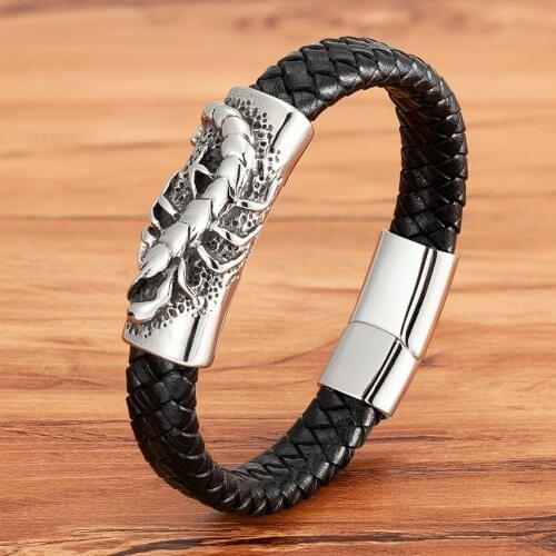 Cool Style Men Leather Bracelets & Bangles Skull Owl Scorpion Snake Braided Wrap Stainless Steel Bracelets For Halloween Party