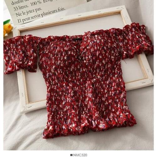 6 Colors Print Stretchy Flower Shirt Summer Sweet Ruffles Slash Neck Cropped Blouses With Pads Women Padding Crop Tops For Girls