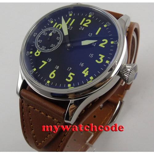 44mm Corgeut sterile black dial leather strap 6497 hand winding mens watch P56
