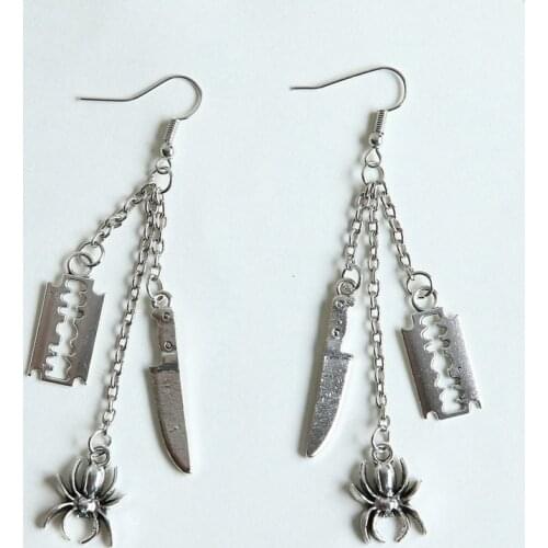 Long Chain Earrings: ( Razor Charm, Knife Charm, Spider Charm),Long Dangle Earrings for Women Girls,Halloween Party Favors