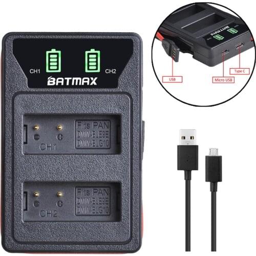 Batmax DMW-BLE9 DMW-BLG10 BLG10 BPDC15 LED Dual USB Charger with Type C Port for Panasonic LUMIX GF5 GF6 GX7 LX100 GX80 GX85