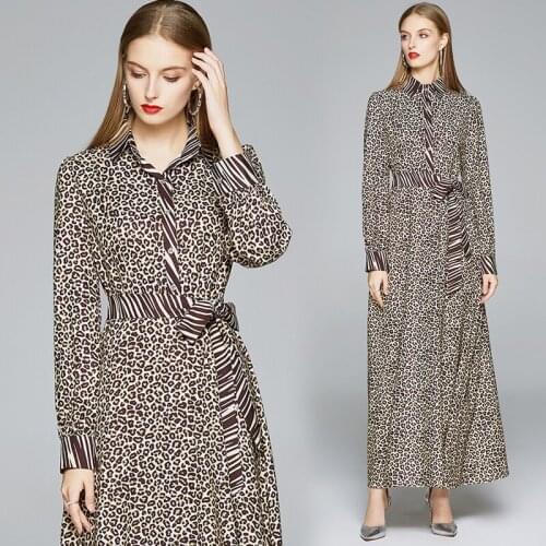 Elegant Long Sleeve Leopard Printed Dress French Dress Women Fashion Bow Office Lady Vintage Dress Belted Tunic Loose Slim Dress