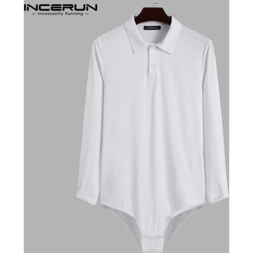 INCERUN Men Shirt Bodysuit Long Sleeve Button Lapel Rompers Tops Casual Streetwear Sexy Solid Color Mens Shirt Playsuits S-5XL