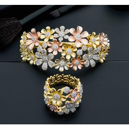 ModemAngel Luxury Flowers Leaf Three Tone Copper Engagement Party Gift Bracelets Bangle And Ring Set For Women