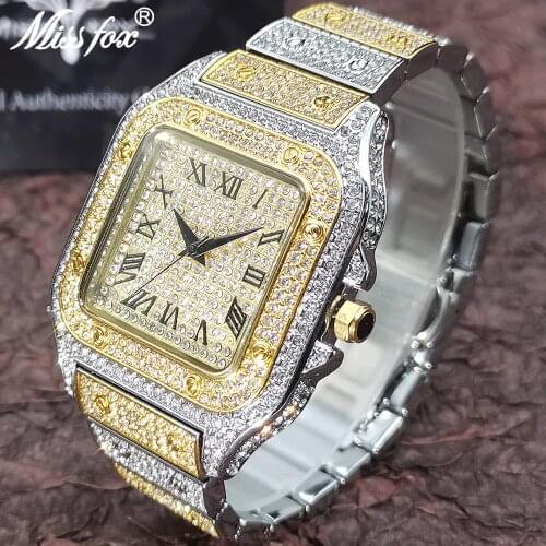 MISSFOX Diamond Mens Watches Luxury Iced Out Jewelry Quartz Wristwatch Hip Hop Square Gold Silver Clock Waterproof AAA Clocks