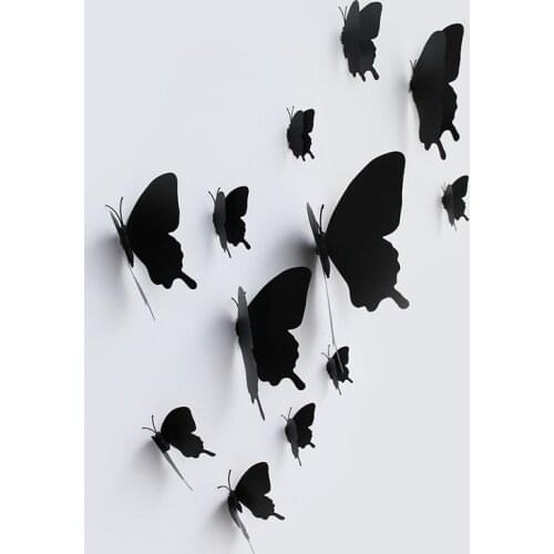 12Pcs/set 3D black Pteris Butterfly Wall Sticker living room Home Butterflies decorations Magnet stickers wedding decoration