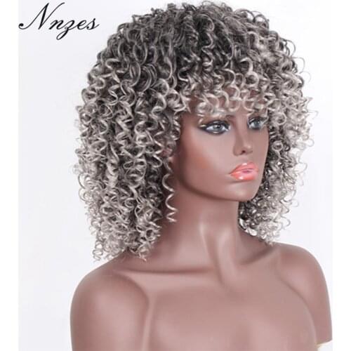 AISI HAIR 14inches Kinky Curly Wig With Bangs Gray Wig Synthetic Wigs for Black Women Heat Resistant Fiber Cosplay Women