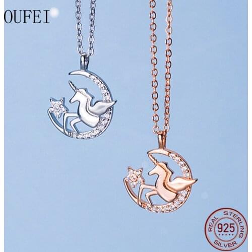 Unicorn Necklace Rose Gold Lovely 925 Sterling Silver Necklace Chain Pendant Moon And Star Zircon Fine Jewelry Girl Gift