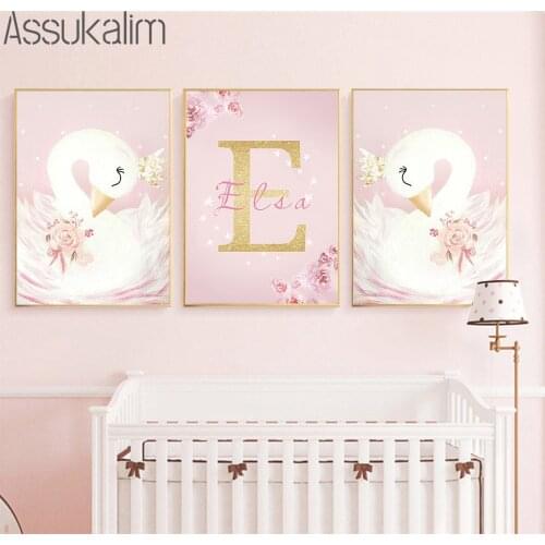 Swan Poster Girls Custom Name Canvas Painting Pink Nursery Wall Art Print Nordic Posters and Prints Baby Room Wall Decoration