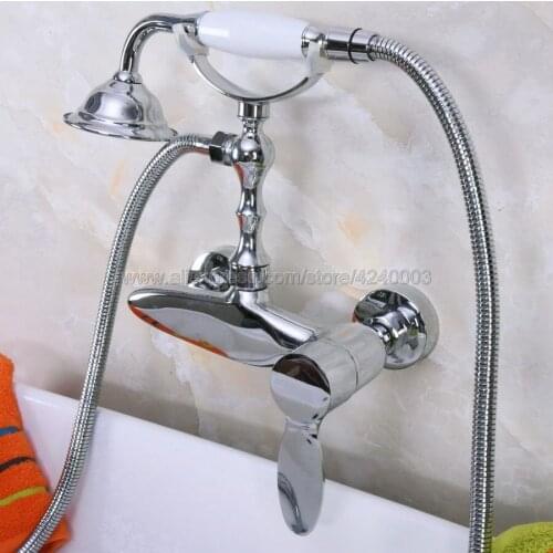 Polished Chrome Bathroom Shower Faucet Bath Faucet Mixer Tap With Hand Shower Head Set Wall Mounted Kna182
