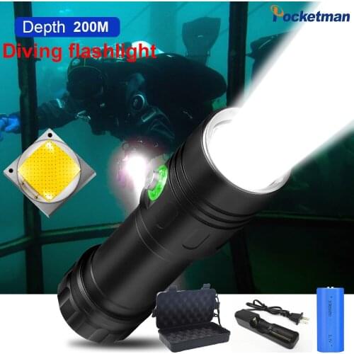 Professional Rechargeable Diving Light 200 Meter Waterproof Underwater LED Flashlight Diving Camping Lanterna Torch 18650 26650