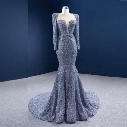 Sexy Illusion V Neckl Long Sleeve Luxury Beaded Fabric Custom Made Evening Dress for Women