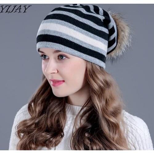 Wool raccoon fur pom poms winter hat for women wool knitted female beanie cap vogue stripe casual hat female skullies