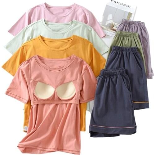 Home Service with Cup One-piece Cotton Womens Summer Casual Short-sleeved Shorts Sports Pajamas Two-piece Ensemble Short Femme