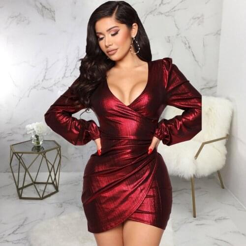 Sexy Women Dress High Waist 2021 New Long Sleeve Deep V-neck Bodycon Party Club Shiny Bronzing Ribbed Elegant Bandage Dress
