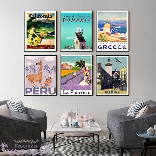 Vintage Landscape Poster California Peru India Japan Greece World City Tour Travel Scenery Canvas Painting Wall Art Home Decor