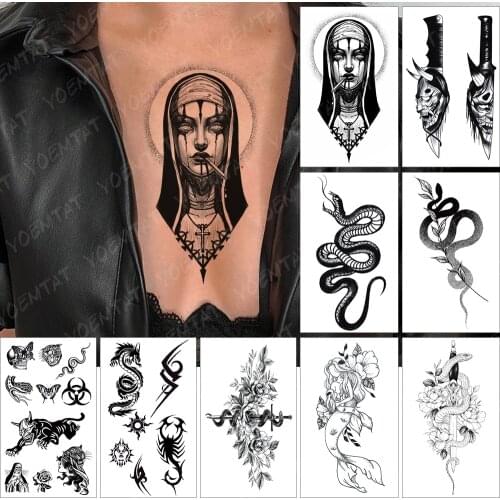 Waterproof Temporary Tattoo Sticker Virgin mary Flash Tatoo Dark nun Skull snake Arm Wrist Fake Tatto For Body Art Women Men