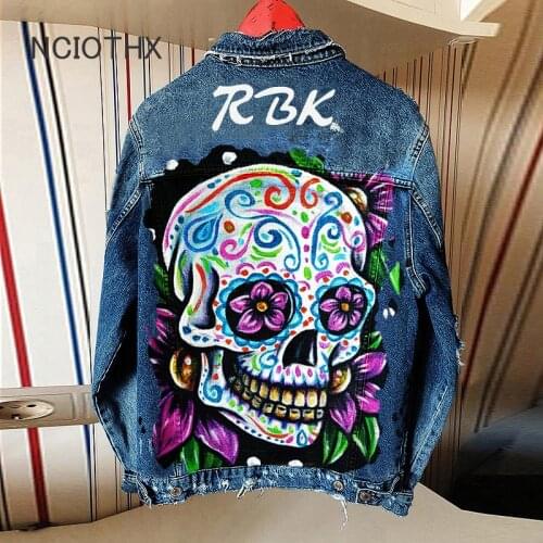 Chic Back Skulls Flower Print Blue Denim Jacket Women Coats Long Sleeve Jeans Baseball Casual Spring Women Outerwear 2021 New