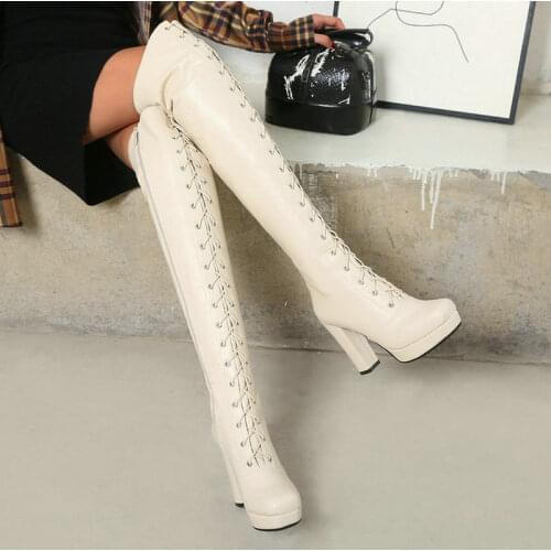 PU Leather Women Over the Knee Boots Platform Square High Heel Ladies Long Boots Fashion Cross Tied Women Winter Shoes Beige