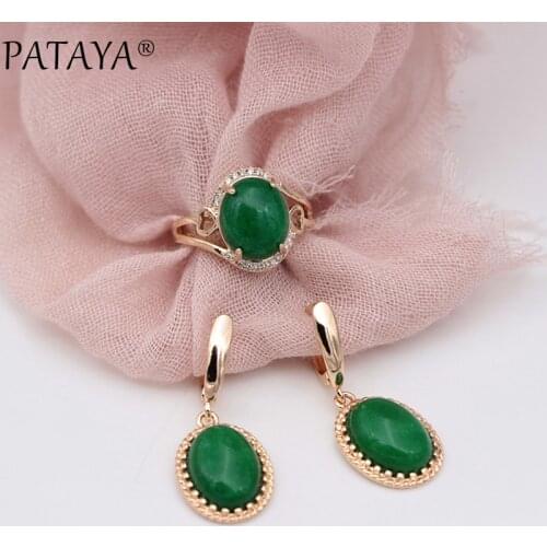 PATAYA New 585 Rose Gold Malay Oval Natural Stone White Zircon Long Dangle Earrings Rings Sets Women Wedding Party Fine Jewelry