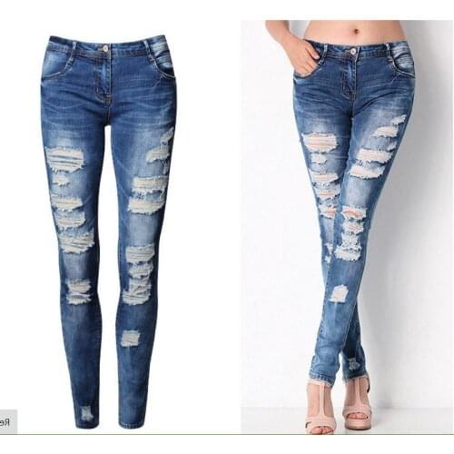 Women Cotton BF Leisure Ripped Broken Hole Elastic Long Denim Pencil Pants Female Stretch Skinny Slim Washed Blue Jeans Trousers