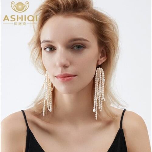 ASHIQI Natural freshwater pearl 925 sterling silver large drop earrings exaggerated long fringe personality fashion women