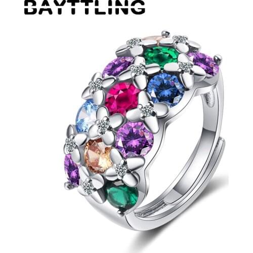 BAYTTLING Hot Selling 925 Sterling Silver White/Black Flower Round Zircon Ring For Women Fashion Wedding Gift Jewelry