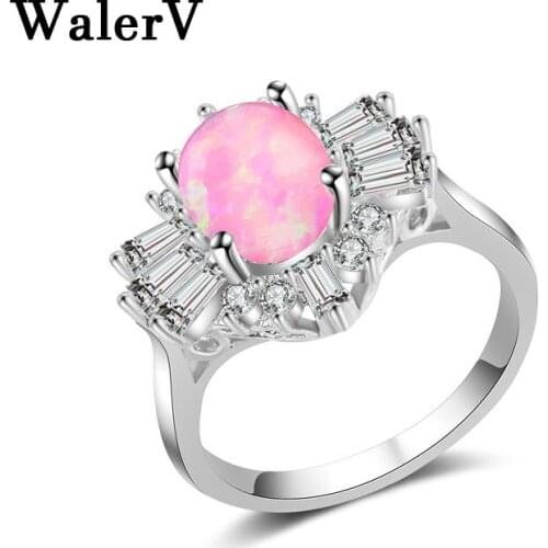 WalerV Color Zircon Ring for Women Set Fashion Charm Jewelry Rings Oval White Blue Pink Fire Opal Stone Wedding Ring Gift