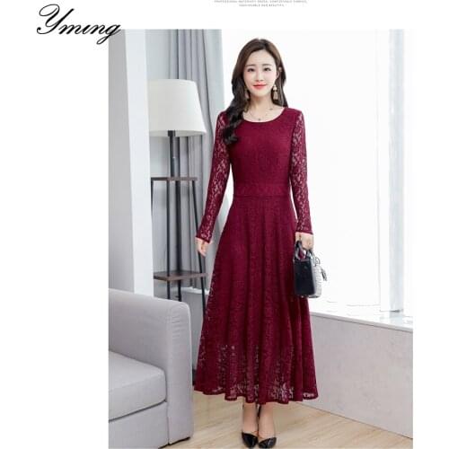 YMING Womens Spring and Autumn Round Neck Swing Dress Long Slim Lace Dress Waist Long Dress Elegant and Dignified