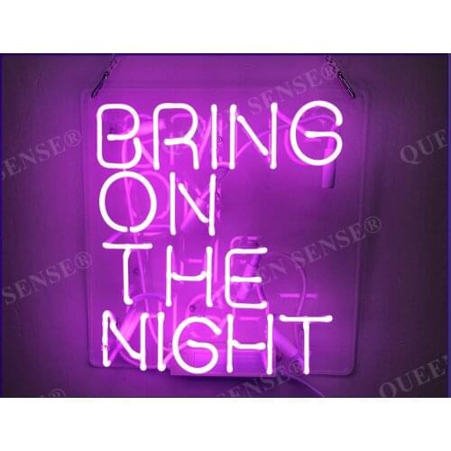 14"x10“ Bring On The Night Purple Acrylic Neon Light Lamp Sign Beer Bar Handmade Real Glass Decorate Home Wall Room Decor Club