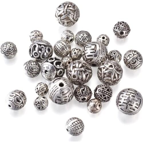 50pcs/Box Zinc Alloy Hollow Round Beads Filigree Textured Round Antique Silver Color for DIY Bracelet Necklace Jewelry Making