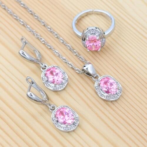925 Silver Ring Earrings Pendant Necklace Woman Wedding Jewelry Set Sweet Pink Accessories Sparkling Cubic Zirconia Jewelry