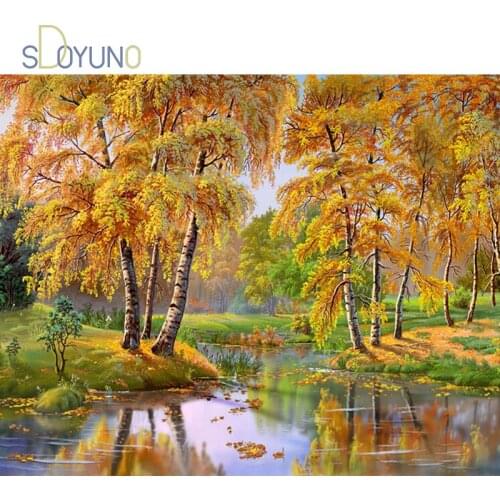 SDOYUNO acrylic painting by numbers kits for adults Autumn forest pictures by numbers with frame Home Decor Gift Canvas Drawing